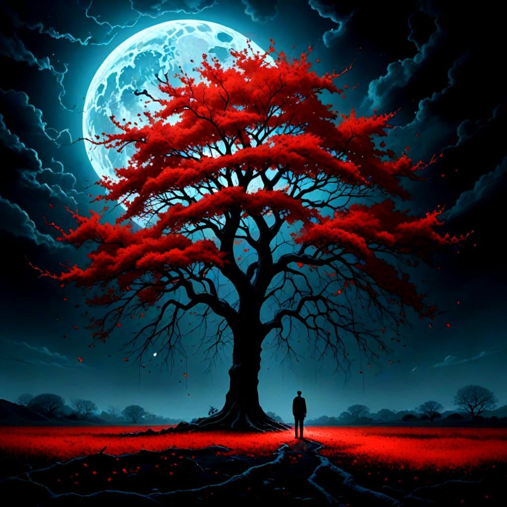 Glowing Red Tree in Surreal Dreamscape