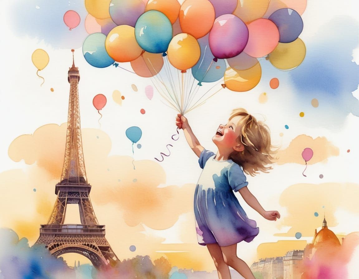 Whimsical Watercolor Scene of Child Floating Above Paris