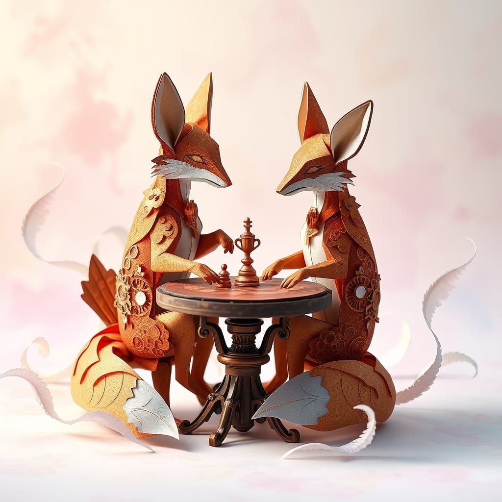 Steampunk Origami Foxes Engage in Chess Match
