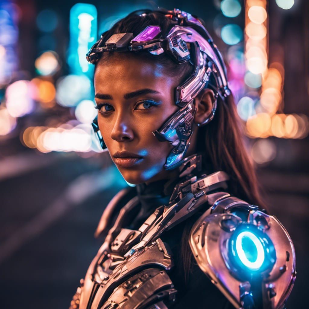 Futuristic Cyborg Girl Portrait in Neon City