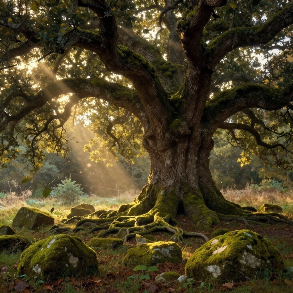 Majestic Ancient Oak in Sunlit Clearing, Fantasy Art Style