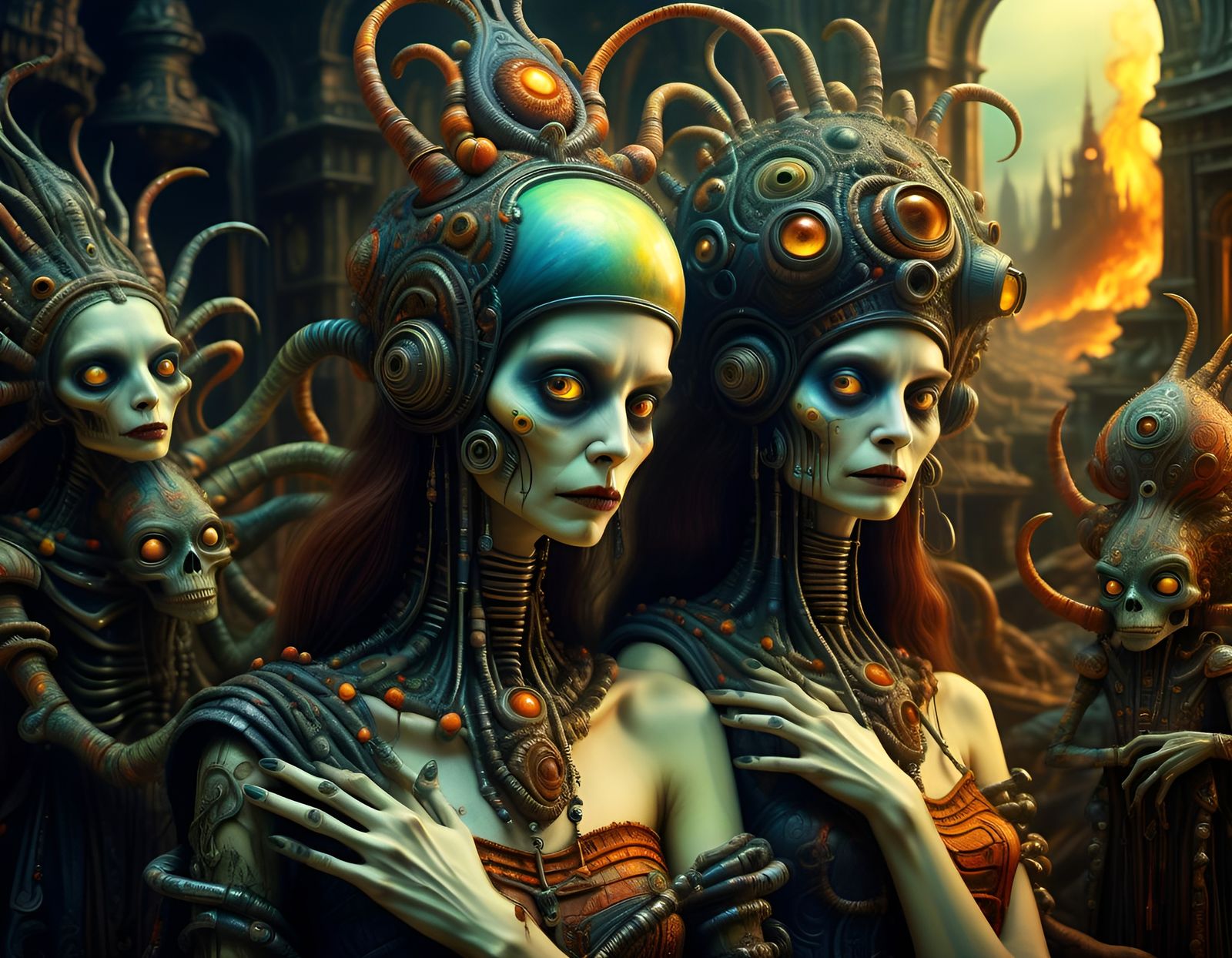 Sinister Sisters in Apocalyptic Art Nouveau Landscape