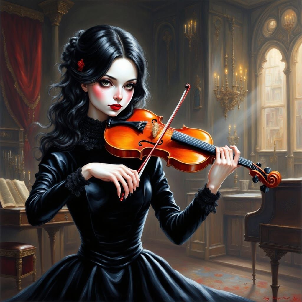 Wednesday Addams Plays Violin of Doom in Dark Gothic Style