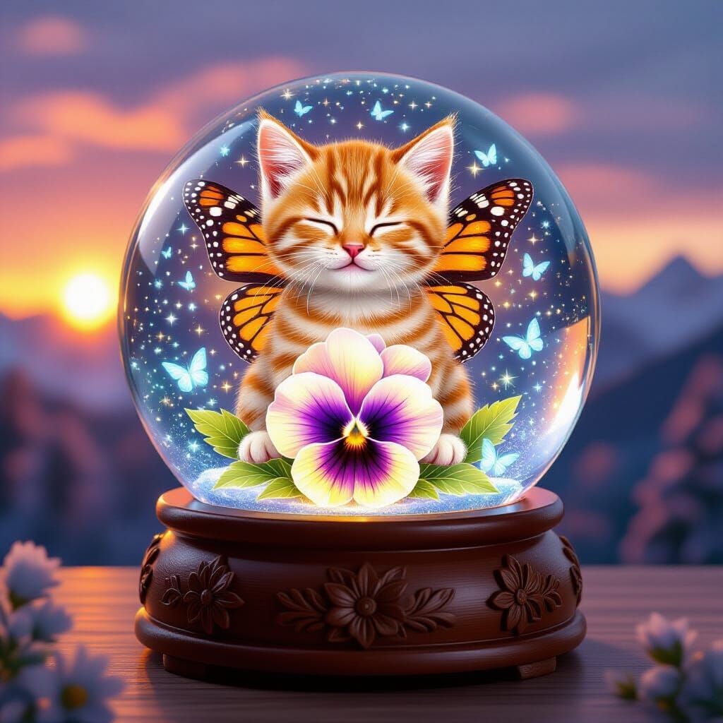 Meditating Kitten in Snow Globe with Butterfly Wings and Pan...