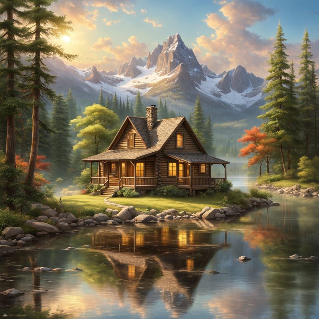 Serene Rocky Mountain River Cabin Amidst Lush Greenery