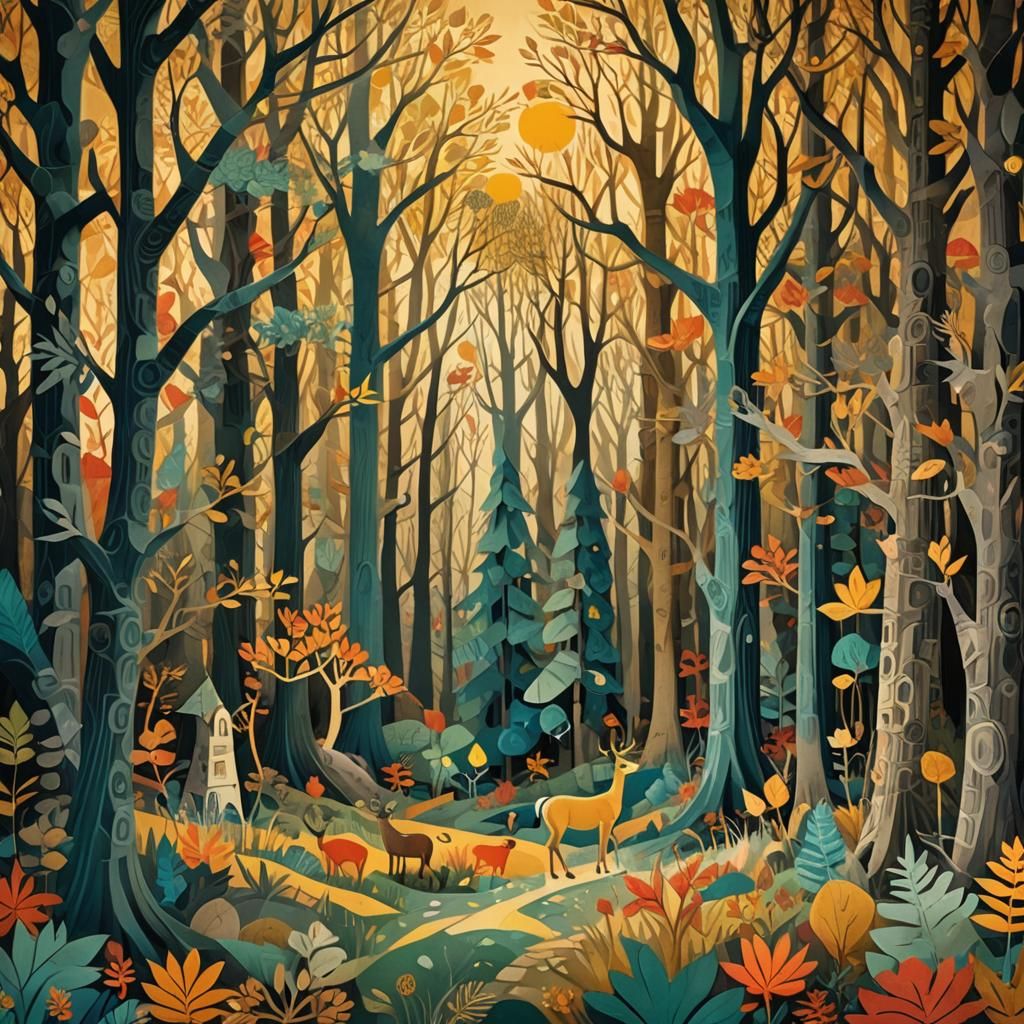 Fantasy Forest Paper Collage in Autumnal Landscape