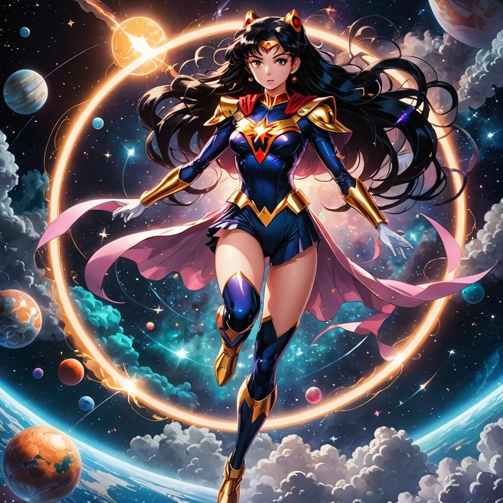 Anime Superhero Floating in the Cosmos