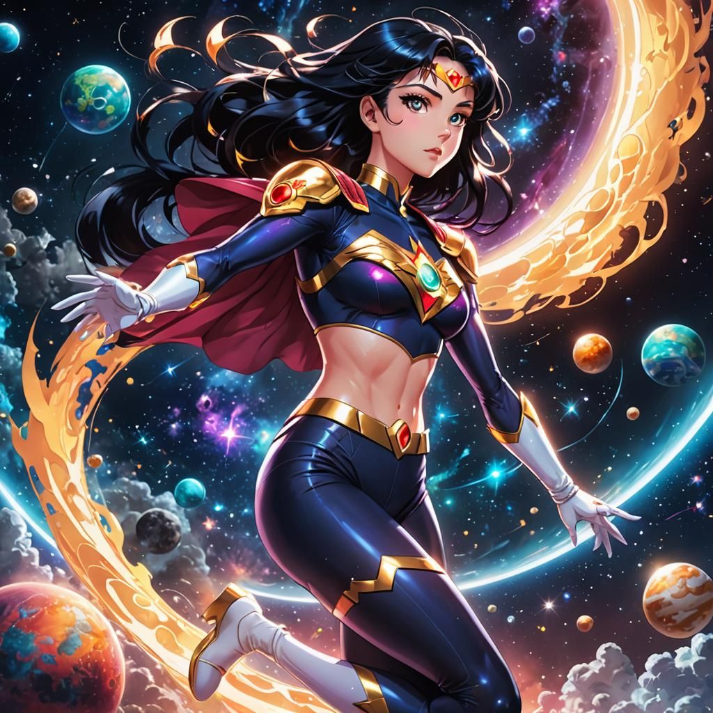 Anime-Style Cosmic Superheroine Floating in Galaxy