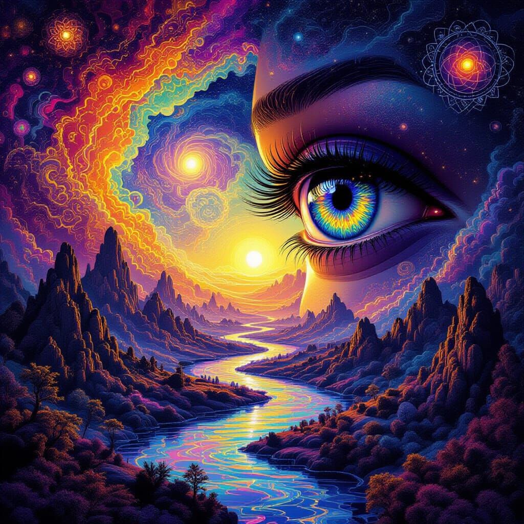 Cosmic Landscape with Giant Eyes in Visionary Style