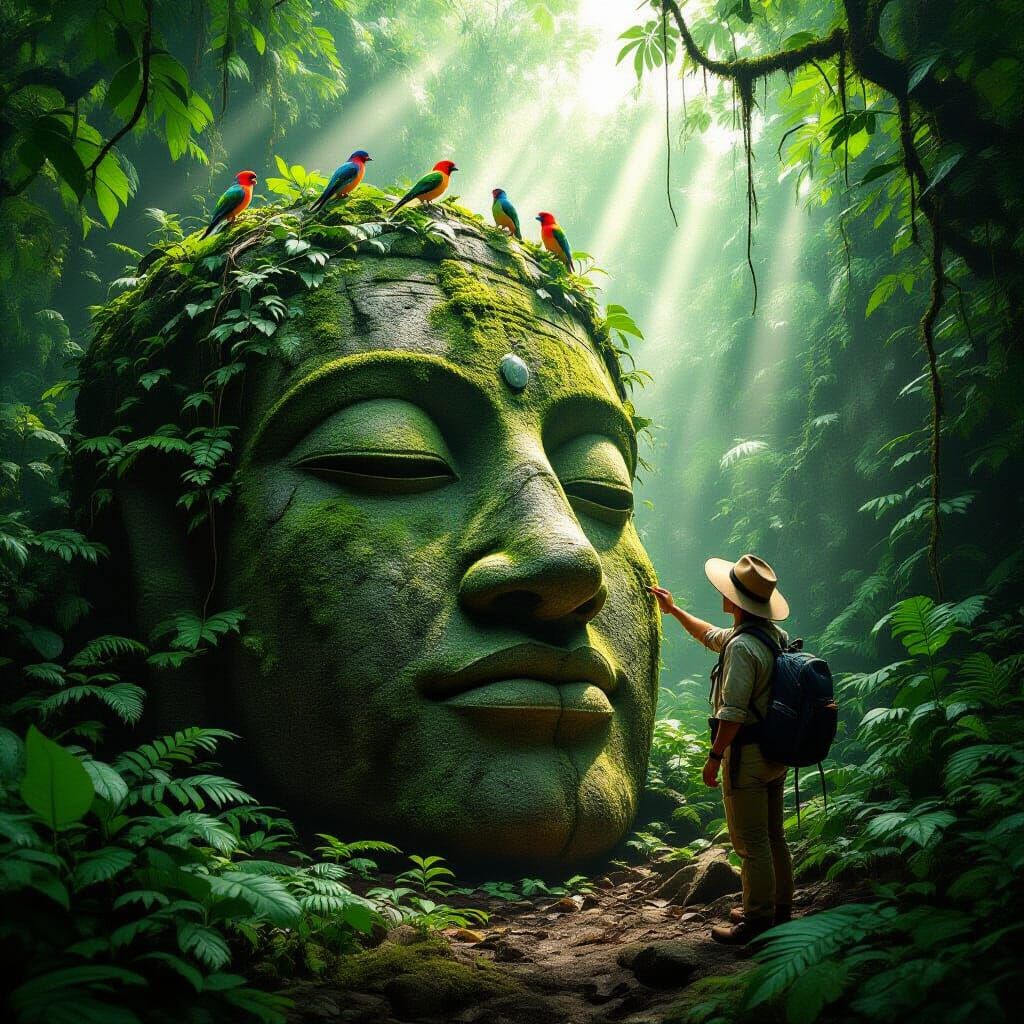 Explorer Discovers Ancient Jungle Stone Head