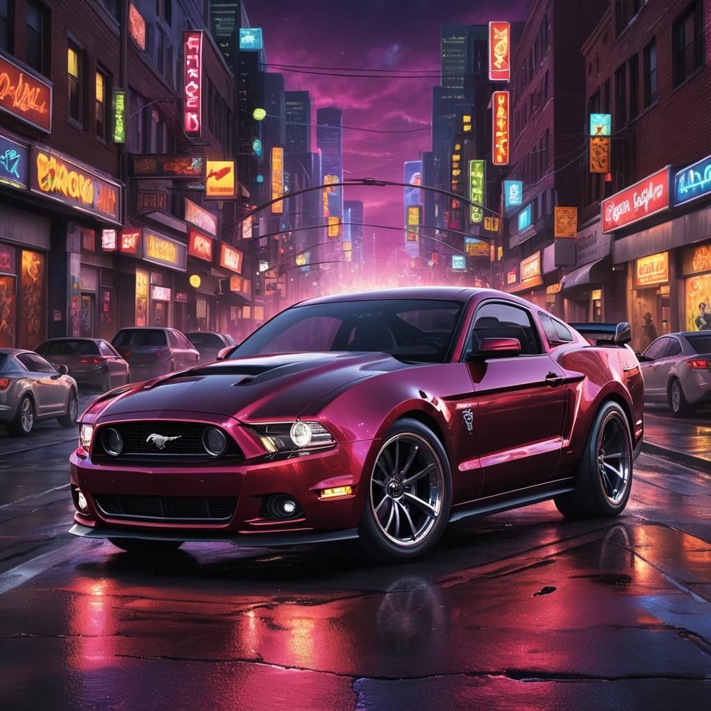 Cartoon Man Drives Red Mustang Through Neon City