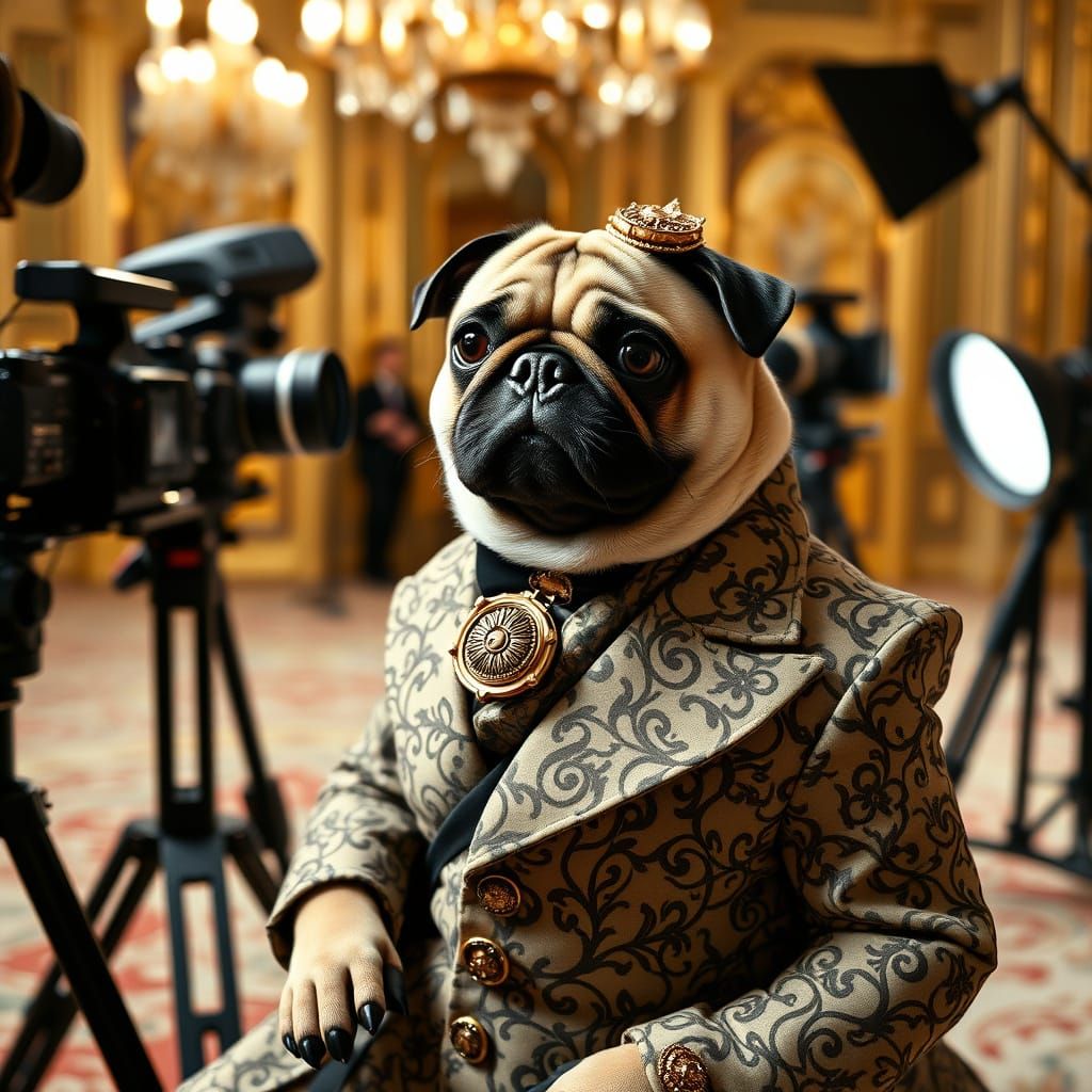 Pug Dog as Luxury Fashion Model in Cinematic 35mm Style