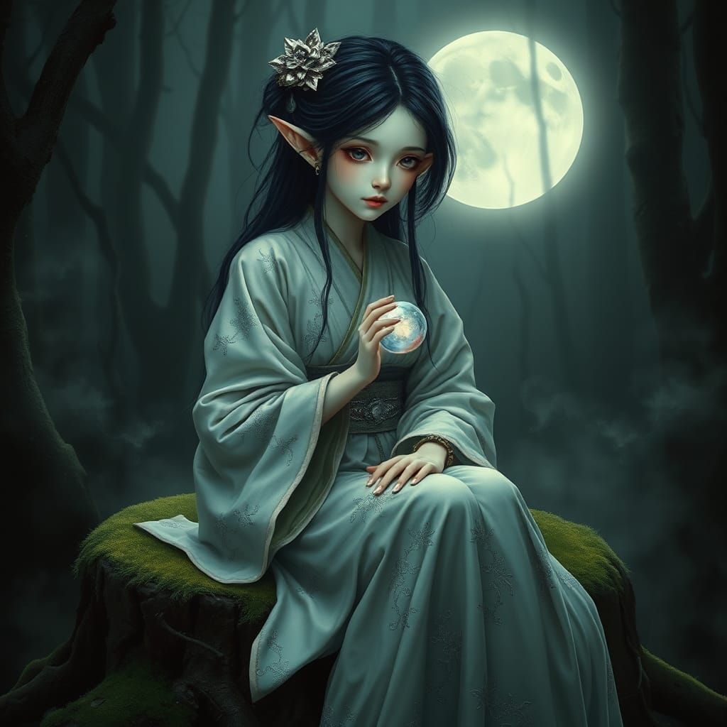 Melancholic Fairy Elf Geisha in Dreamlike Forest