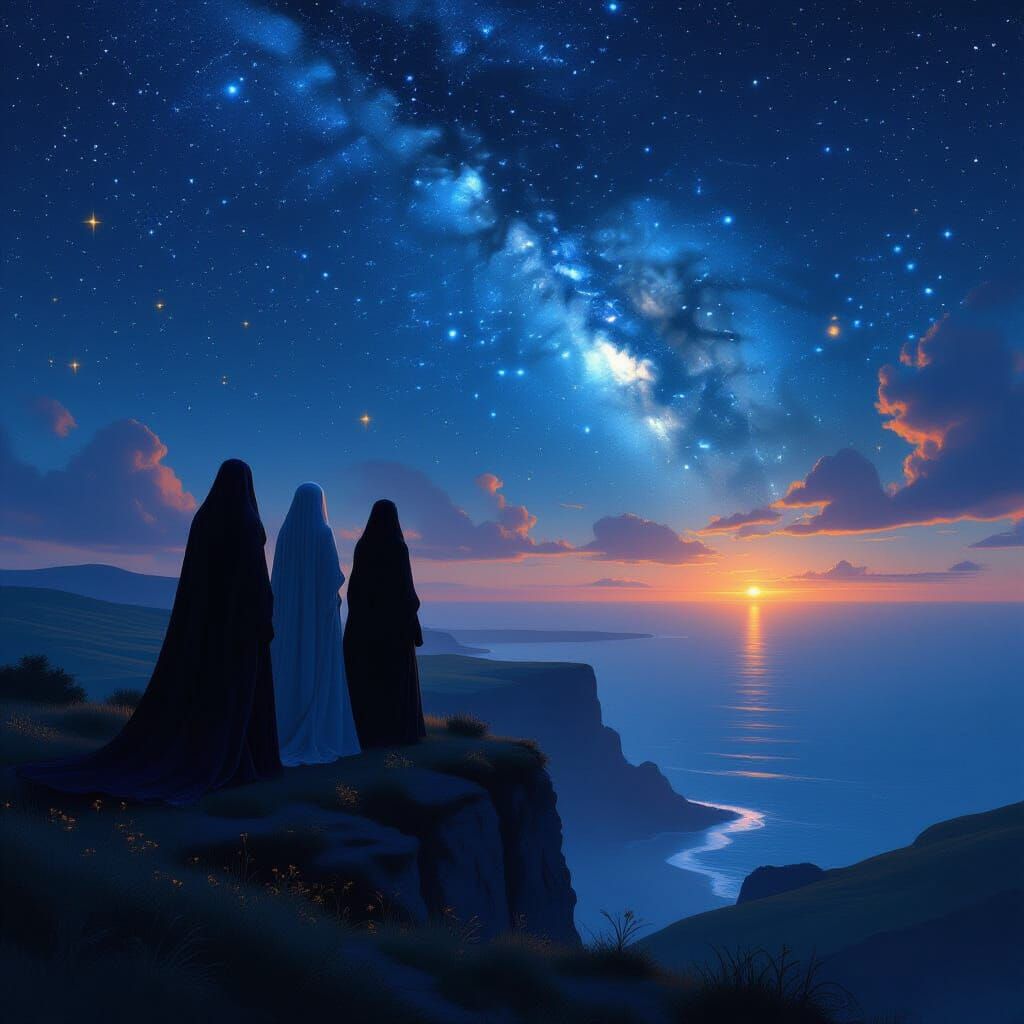 Mythic Figures Under Starlit Sky in Surrealist Style