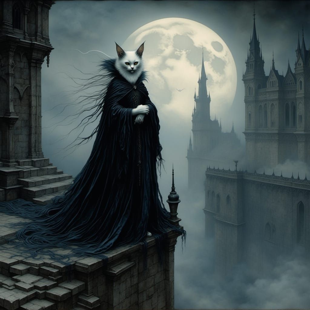 Vampire Cat on Castle Tower Under Full Moon