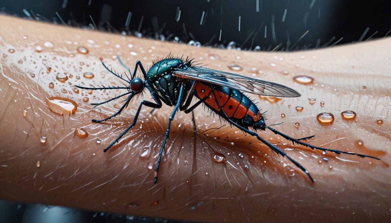Mosquito in Raindrops on a Woman's Arm in Hyperrealistic Ink...