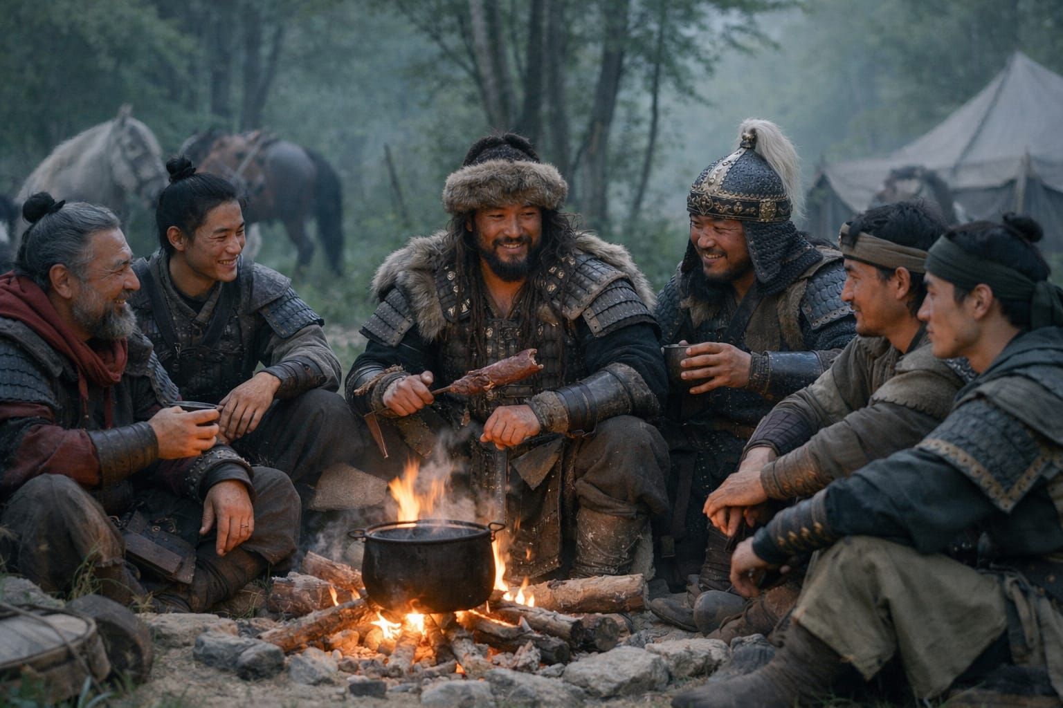 Diverse Warriors Gathered Around Campfire, Realistic Summer ...