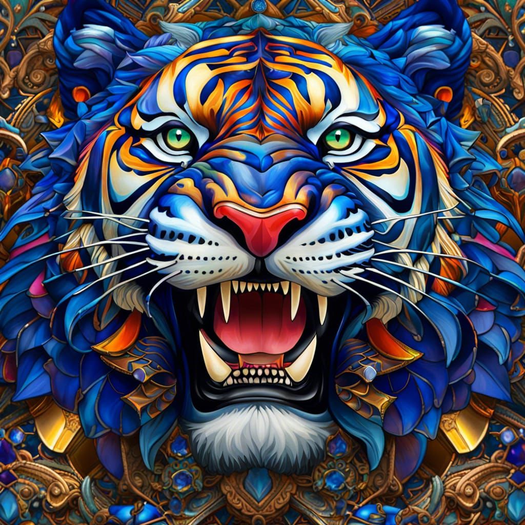 Kaleidoscopic Crystal Tiger Roaring in a Fantasy Landscape