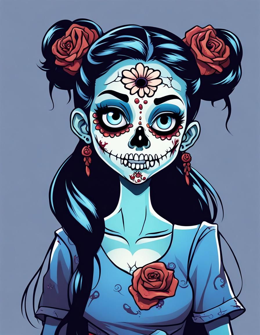 Cartoon Zombie Girl with Sugar Skull Makeup