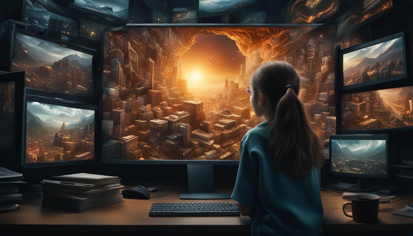 Girl Escaping Computer Screen in Cinematic Style