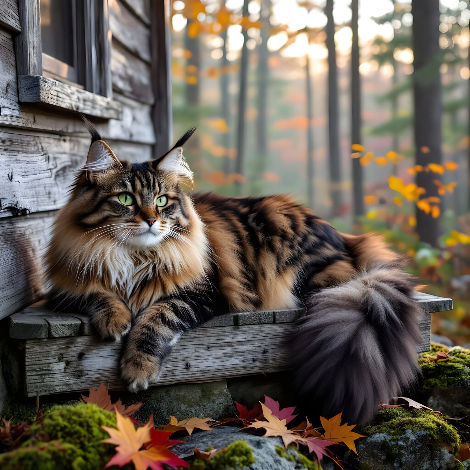 Majestic Maine Coon Cat in Autumn Forest