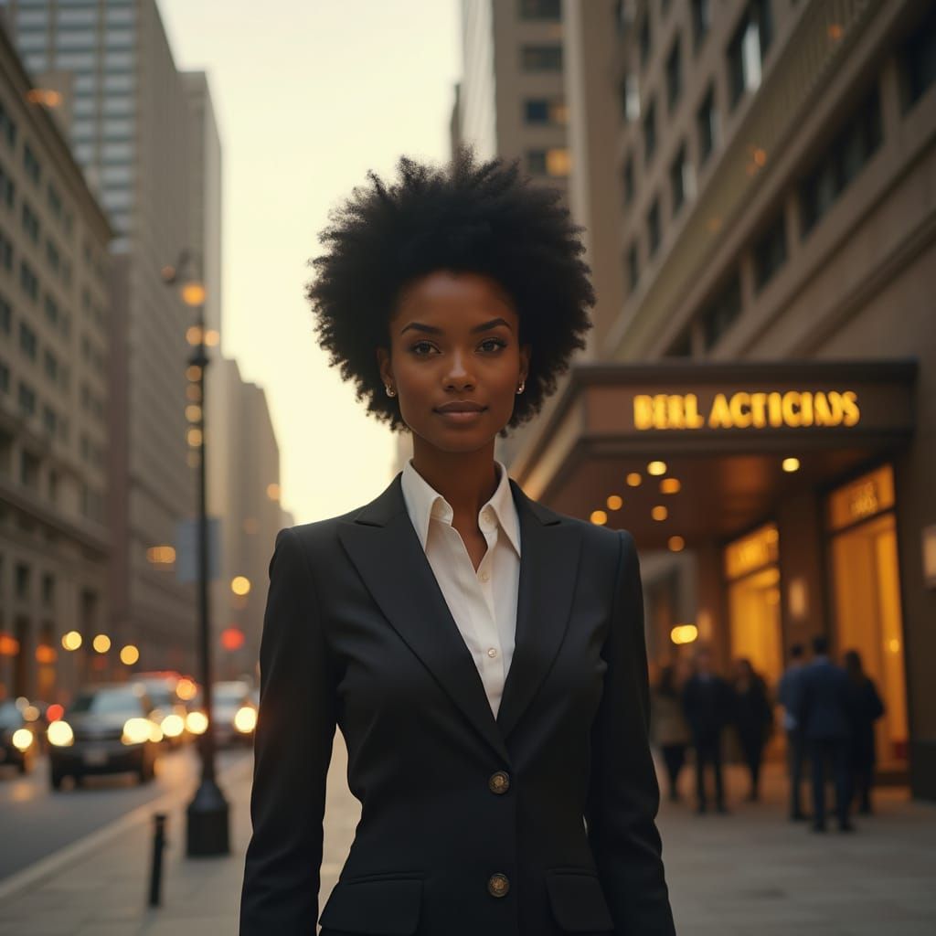 Businesswoman in Suit Outside Luxury Hotel Lobby