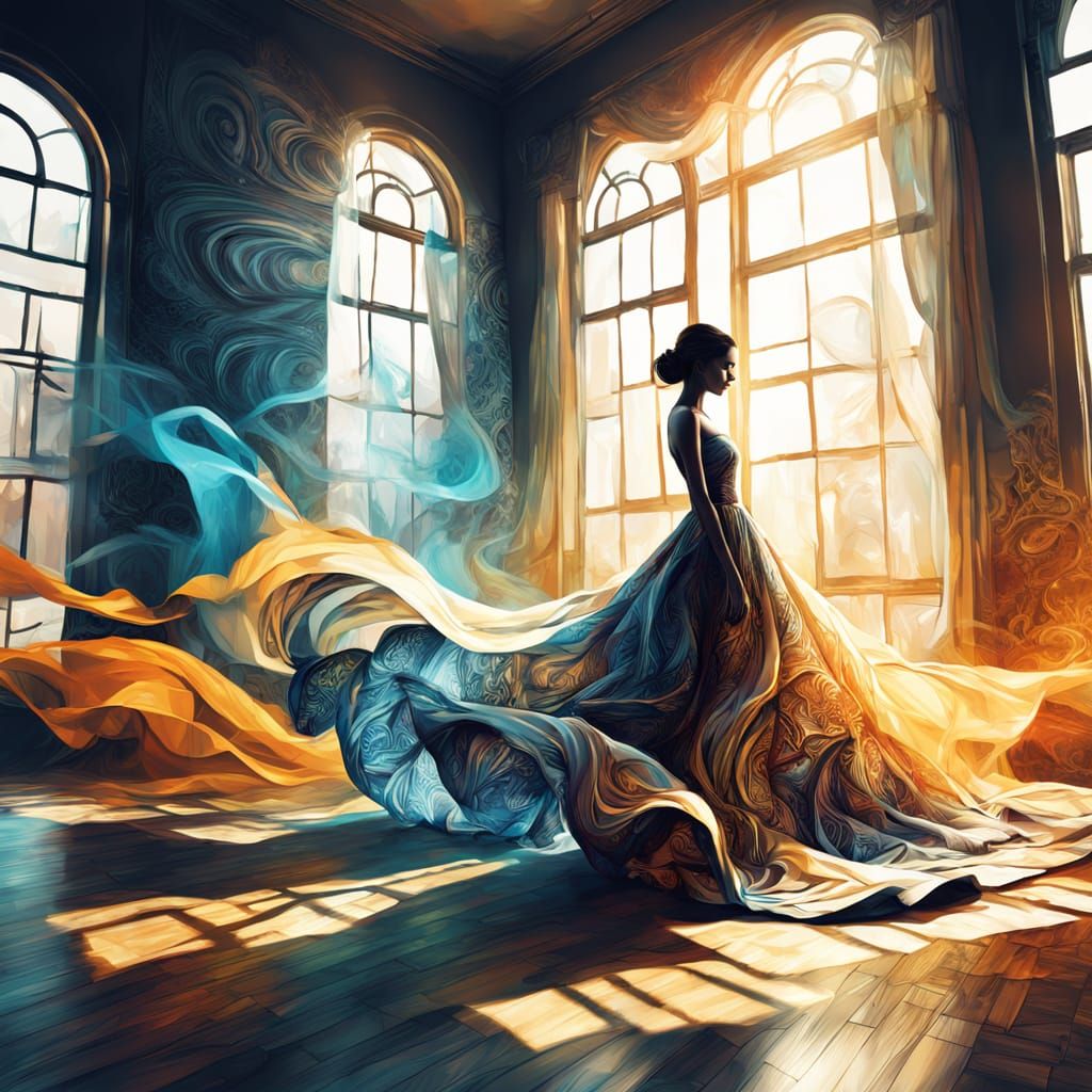 Glowing Silhouette Woman in Sunlit Room, Abstract Fractal Ar...