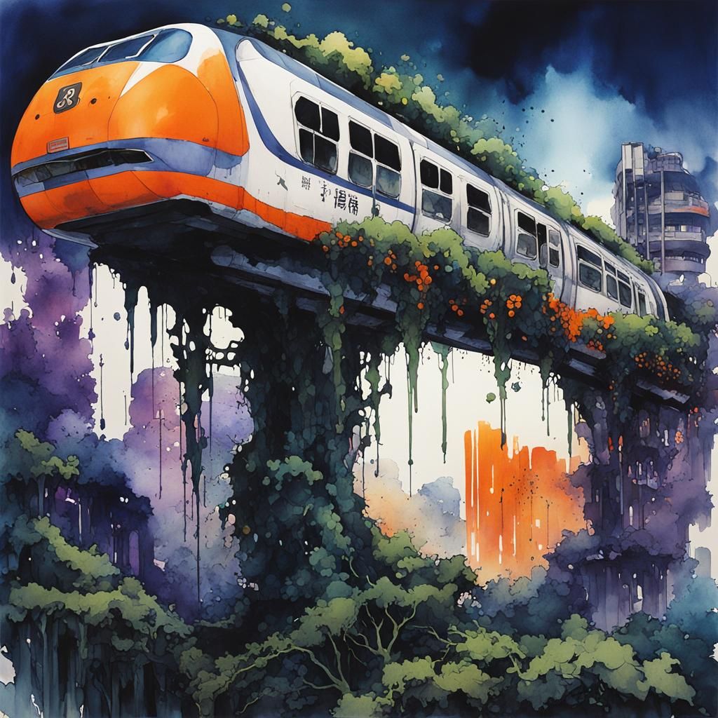Post-Apocalyptic Monorail in Chinese Ink Painting Style