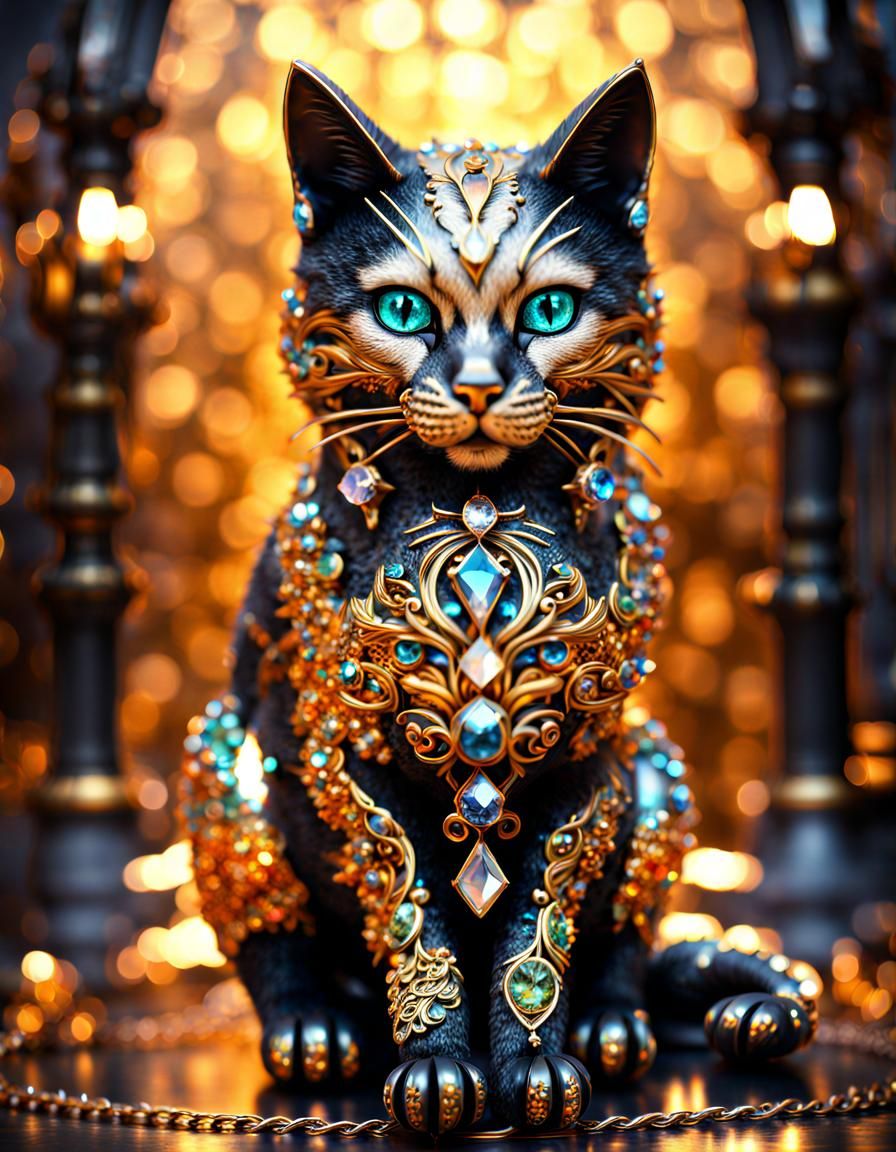 Crystalline Topaz Cat on Gothic Background in 8K