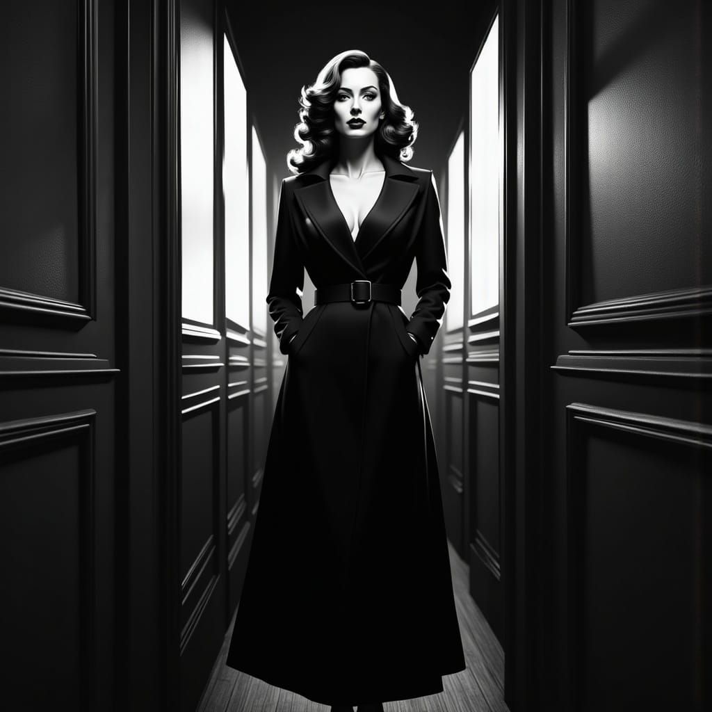 Sultry Femme Fatale in Classic Film Noir Style
