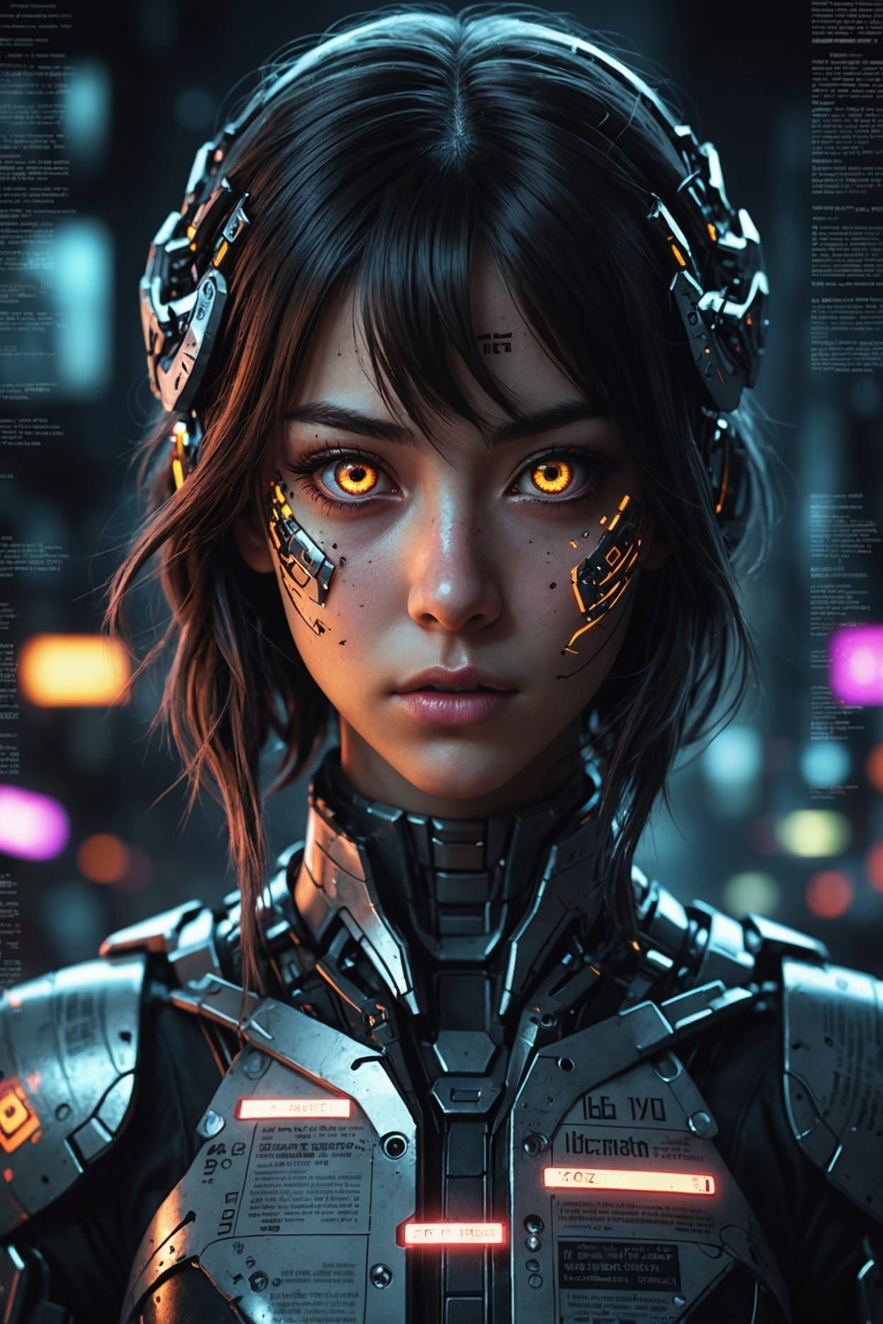 Neon Cyborg Girl in Anime Style