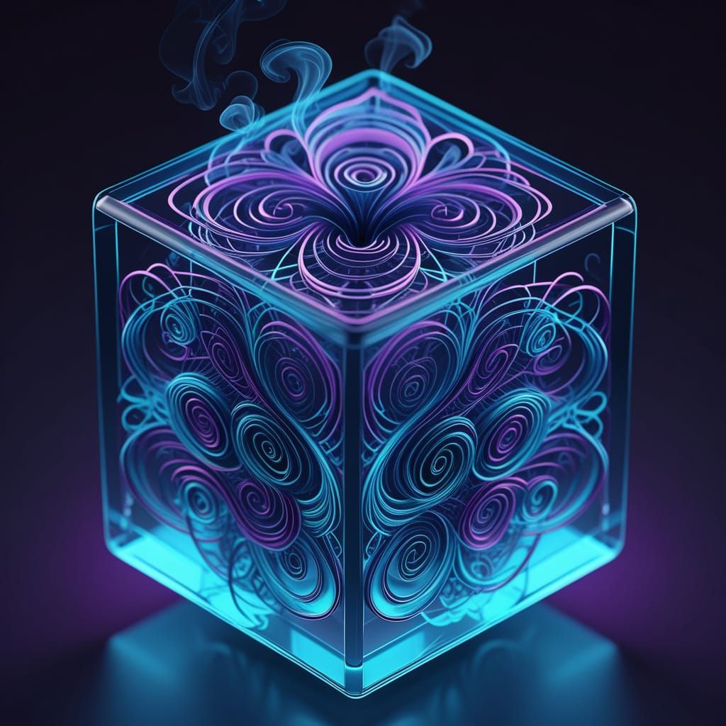 Vibrant Blue Smoke Cube with Swirling Fractal Spirals