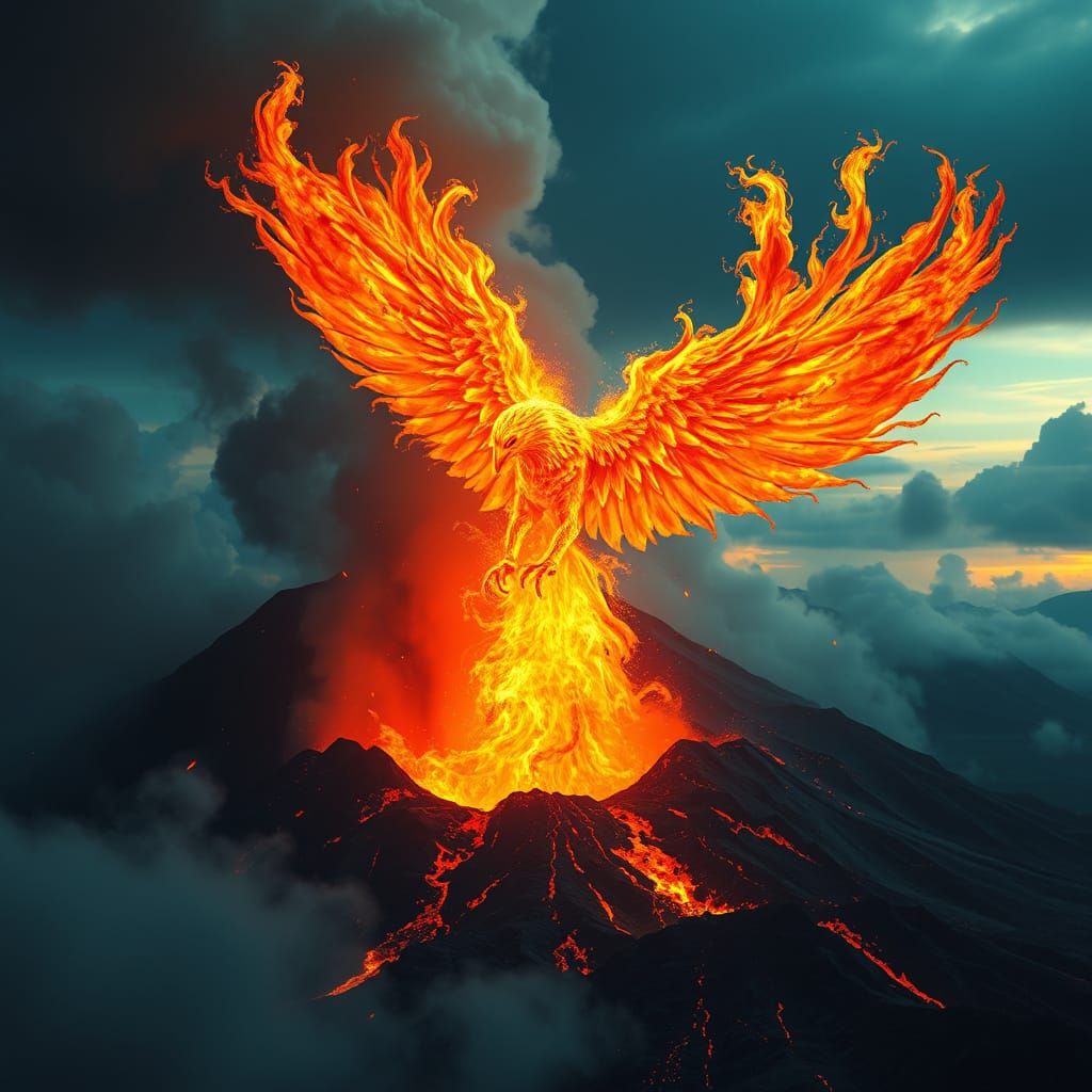 Epic Fire Phoenix Emerges from Majestic Volcano in Cinematic...