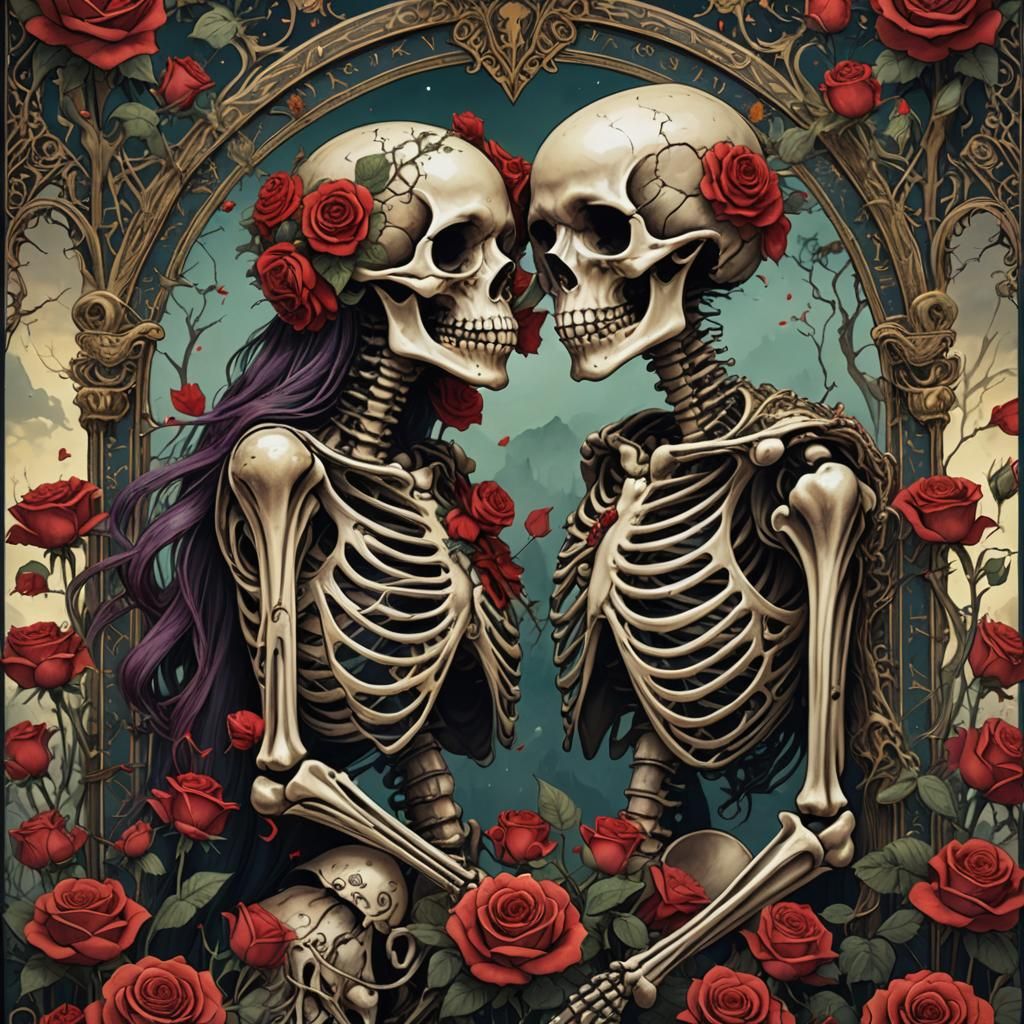 Skeletons Kissing: Lovers Tarot Card in Detailed Painting