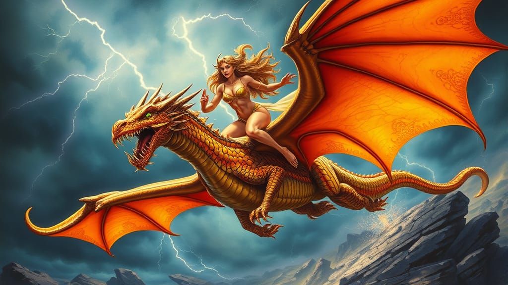 Elf Warrior Rides Flying Dragon into Epic Battle