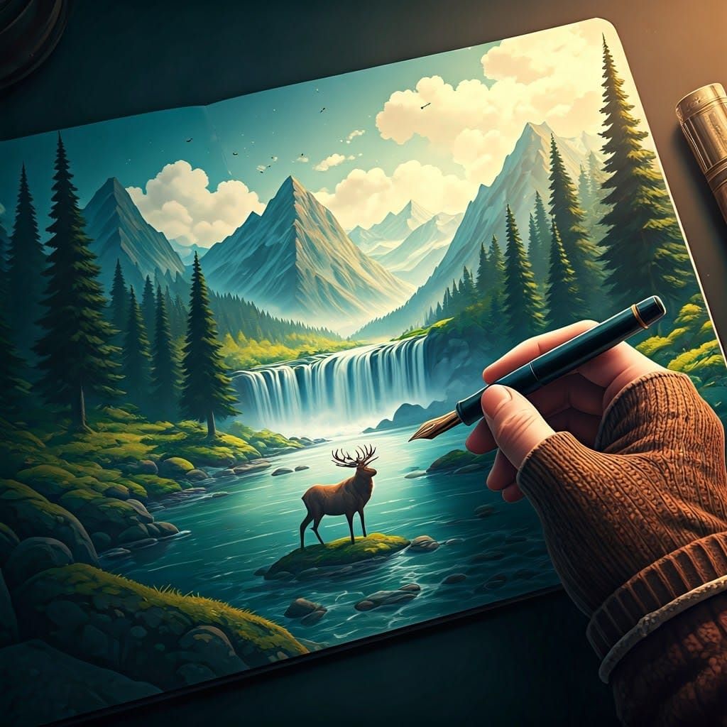 Mountain Landscape Ink Drawing in Anime Style