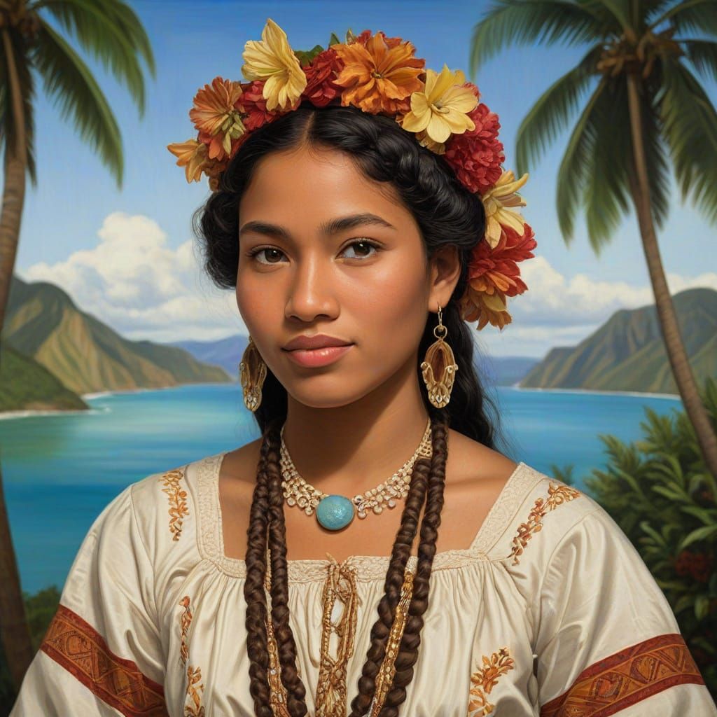 Micronesian Yapese Woman Portrait in Botticelli Style