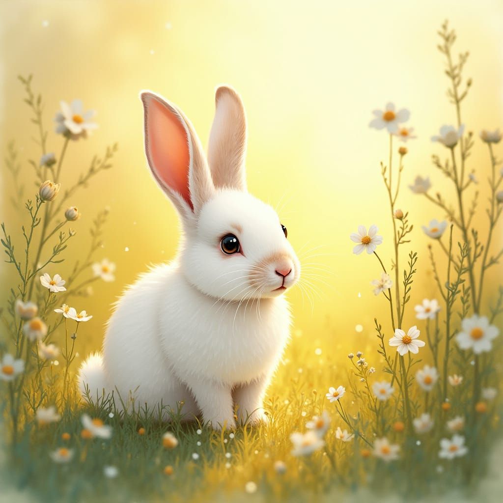 Fluffy Bunny in Sunlit Meadow Whimsical Illustration