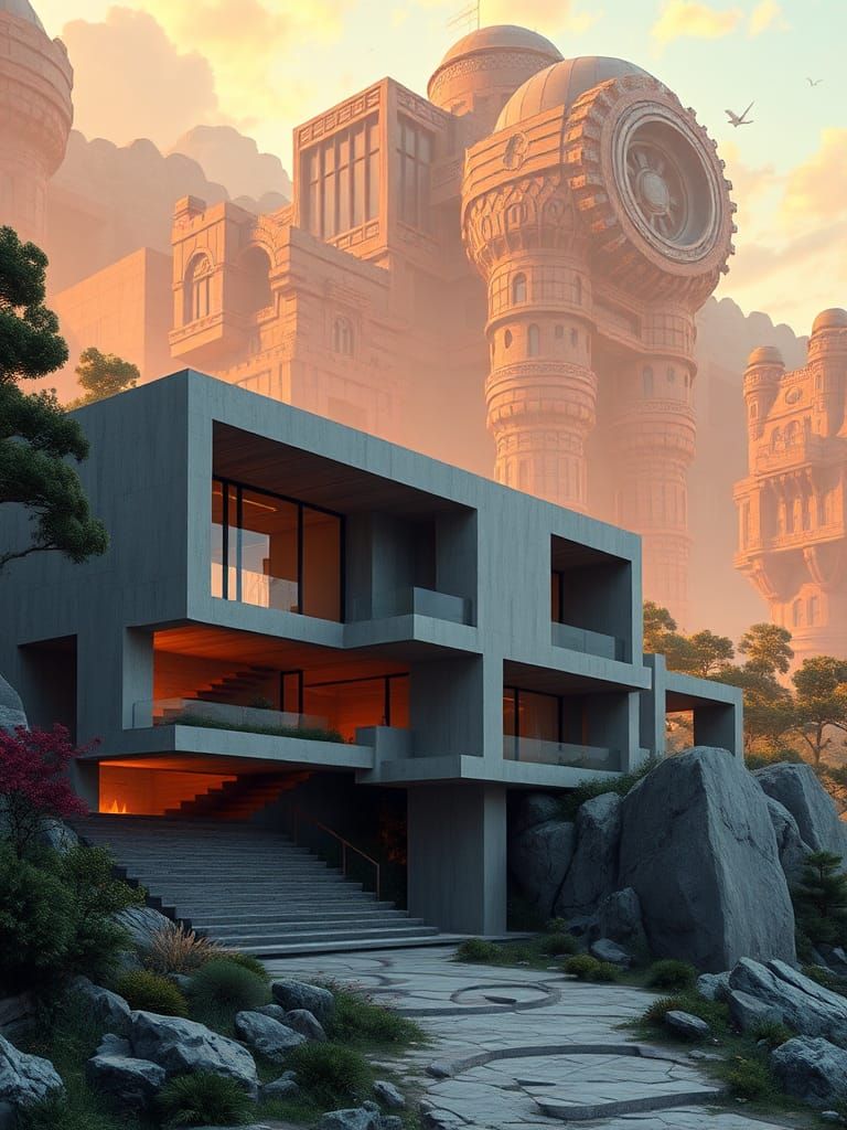 Modernist Concrete Home with Fantasy Backdrop