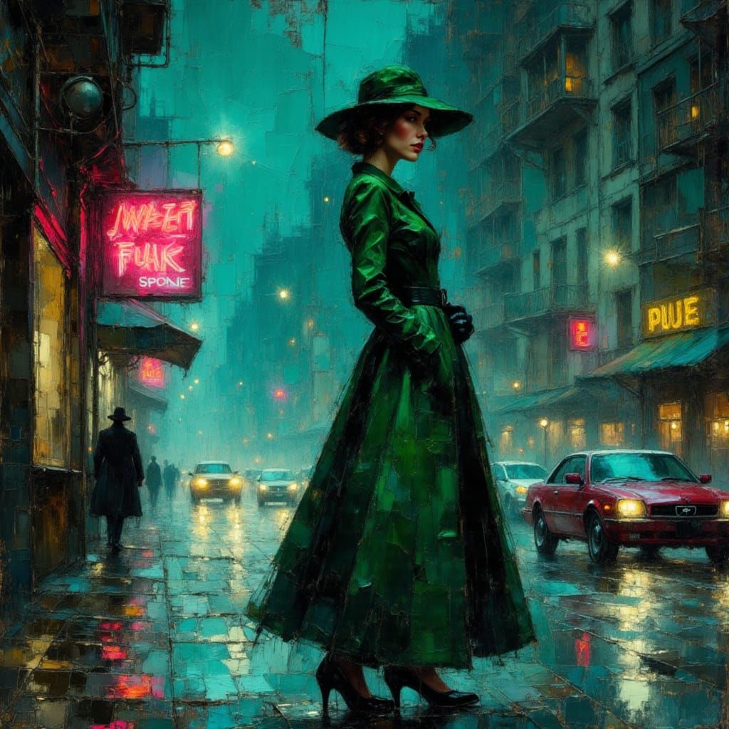 Film Noir Woman in Emerald Coat, Impasto Grunge Style
