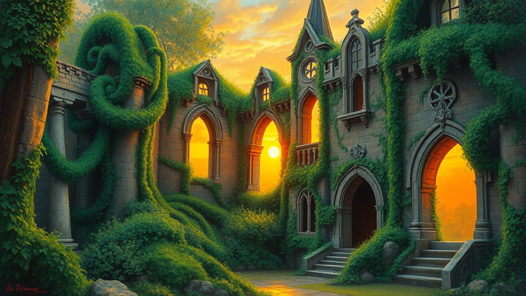 Dreamlike Castle Ruin at Sunset in Oil Painting Style