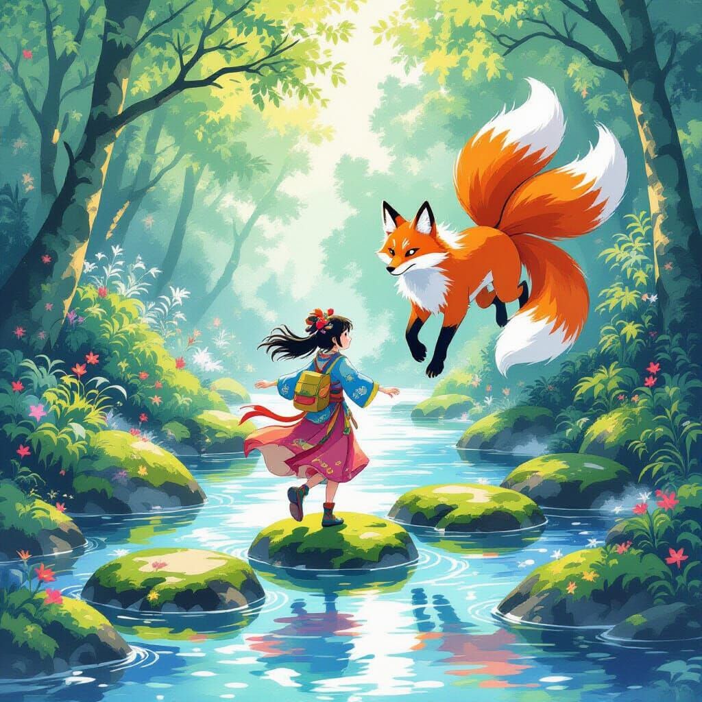 Magical River Adventure with Nine-Tailed Fox Spirit
