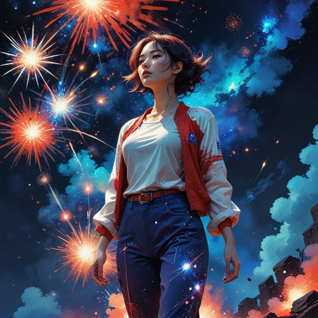 Fantastical Patriotic Woman in Vibrant Watercolor