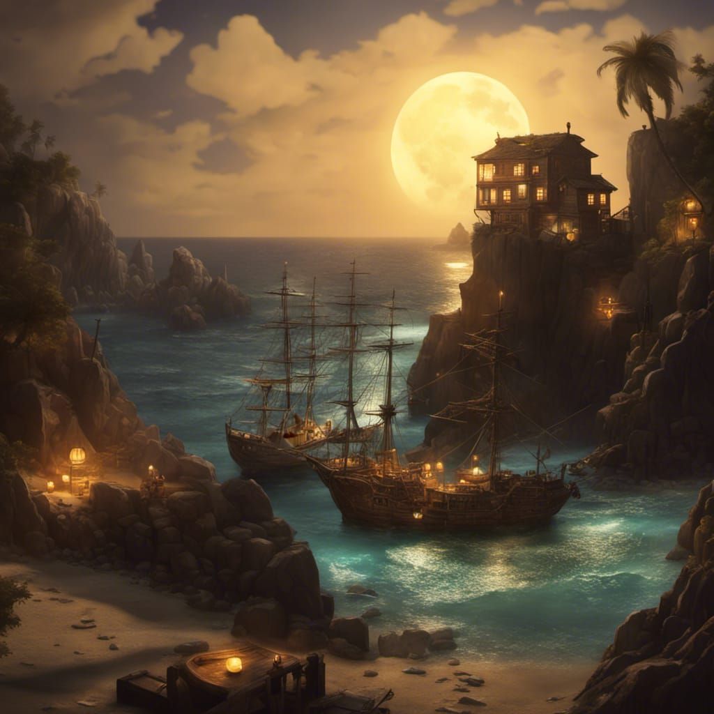 Moonlit Pirate Cove Hideout: Hyperrealistic Digital Art