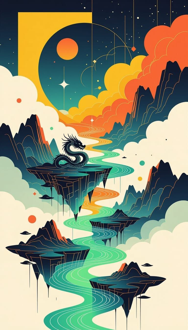 Surreal Ink Landscape with Neon Rivers and Dragon