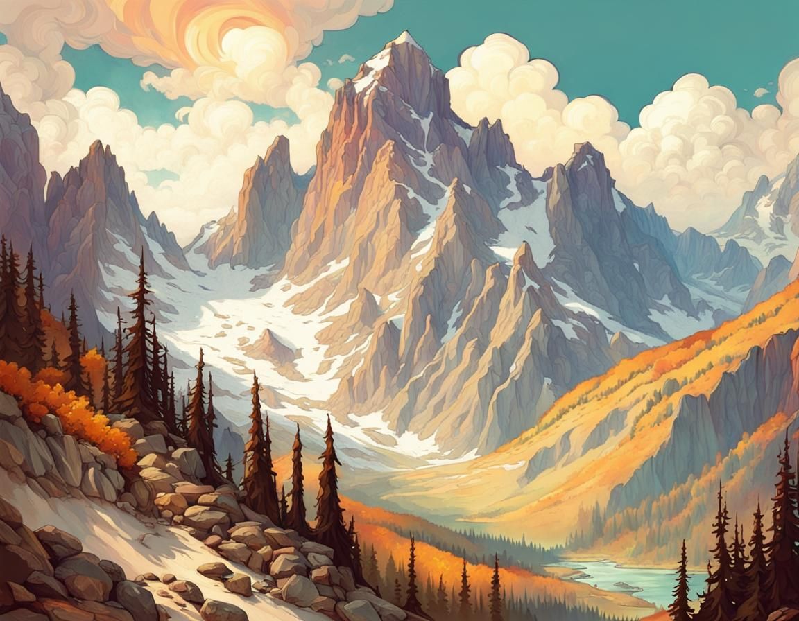 Rocky Mountains in Fantasycore Art Nouveau Style