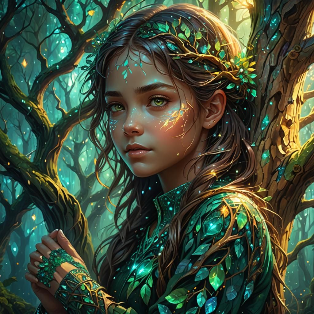 Girl Hugging Tree in Mystical Forest: Digital Art