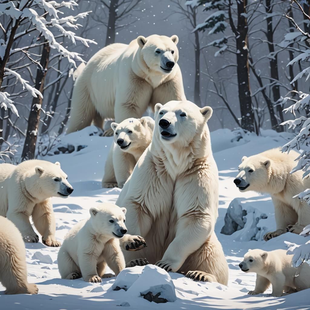 Polar Bears Play in Snow: 3D Anime Art