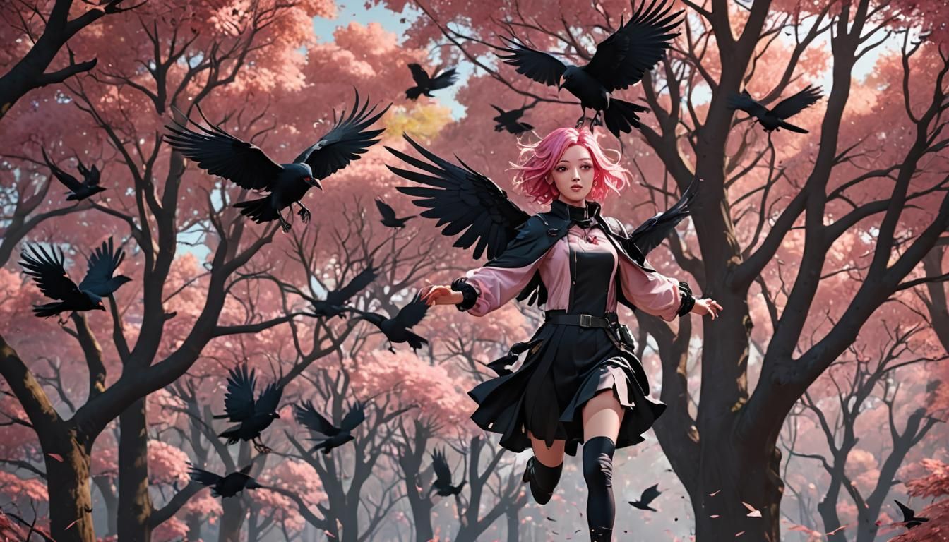 Winged Woman with Pink Hair in Anime Style