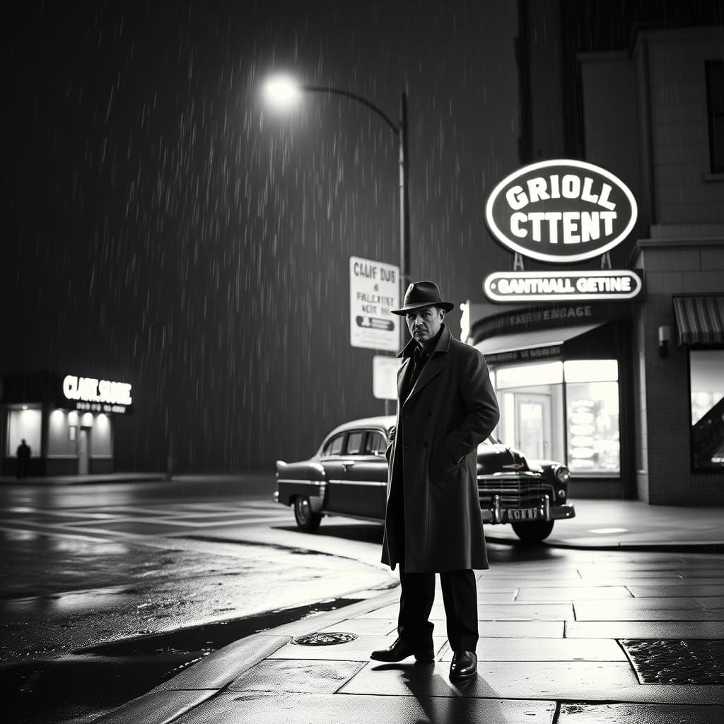 Film Noir Detective Under Streetlight in Gritty Black and Wh...